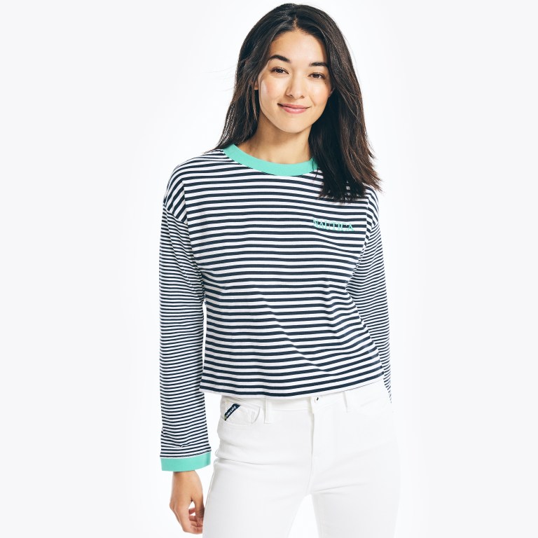 Nautica Cropped Striped Long-sleeve Blancas | Lg5VxFQX