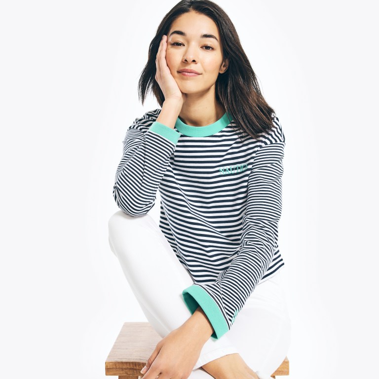 Nautica Cropped Striped Long-sleeve Blancas | Lg5VxFQX