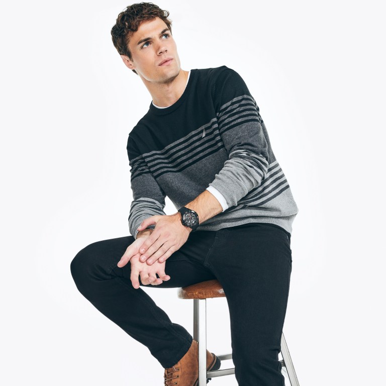 Nautica Navtech Striped Crewneck Gris | OO1hreC0