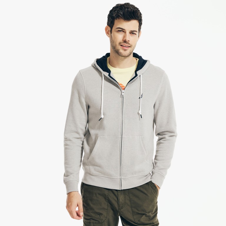 Nautica Solid Full-zip Hoodie Gris | perB8b86