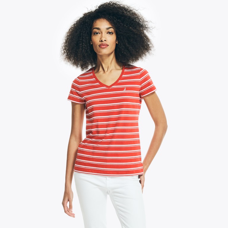 Nautica Striped V-neck Rojas | DjR2MzCn