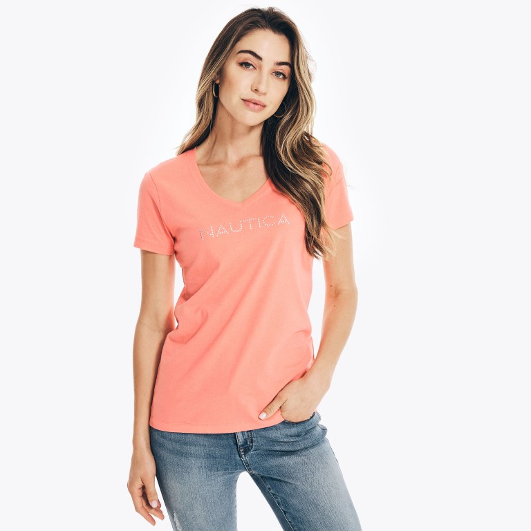 Nautica Studded Logo V-neck Coral | TyIXw7zd