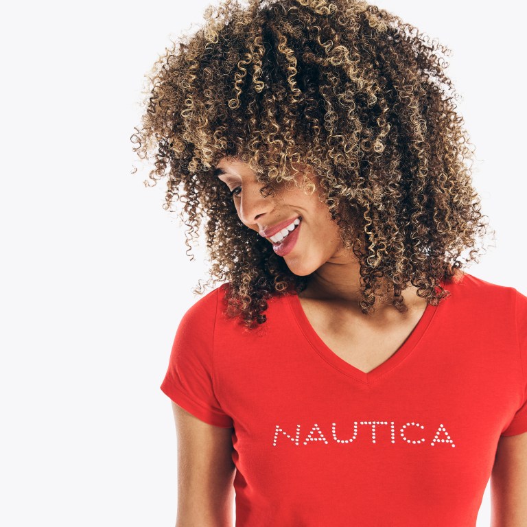 Nautica Studded Logo V-neck Rojas | aHJzzdrM