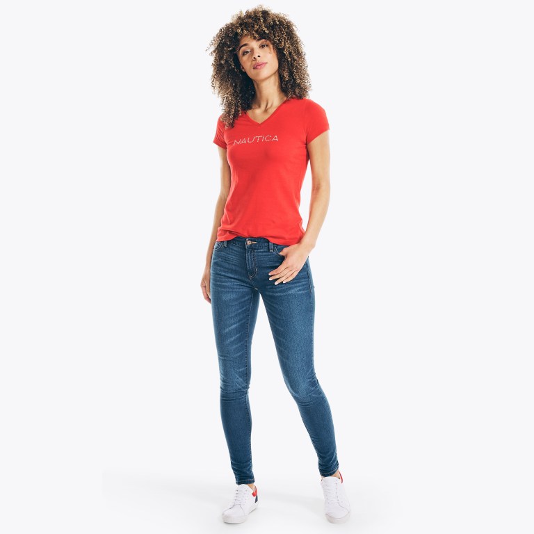 Nautica Studded Logo V-neck Rojas | aHJzzdrM