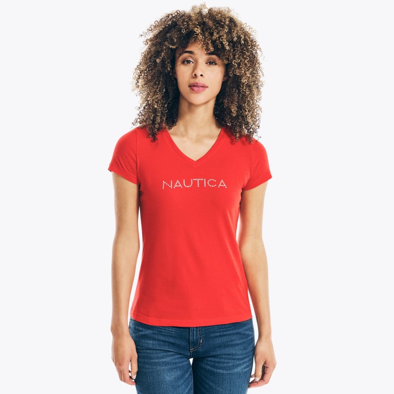 Nautica Studded Logo V-neck Rojas | aHJzzdrM