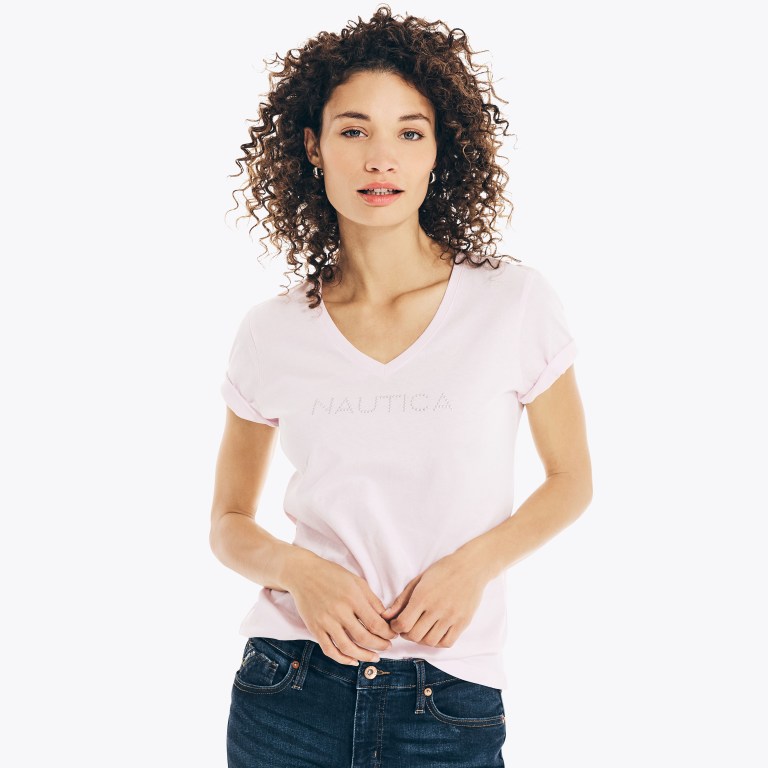 Nautica Studded Logo V-neck Rosas | twZxOmid