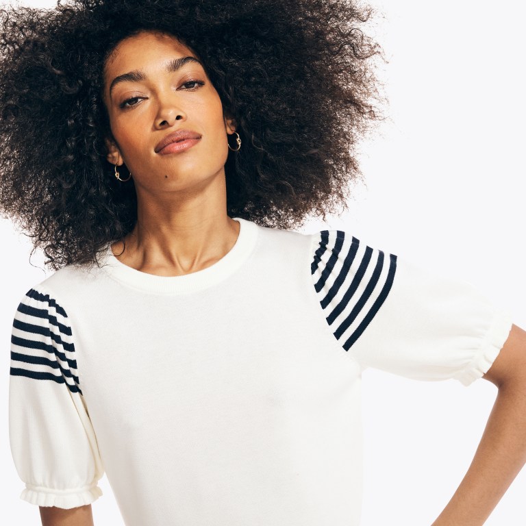 Nautica Sustainably Crafted Stripe-sleeve Ruffle Blancas | uKv62e3P