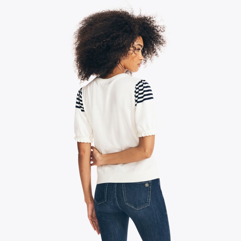 Nautica Sustainably Crafted Stripe-sleeve Ruffle Blancas | uKv62e3P