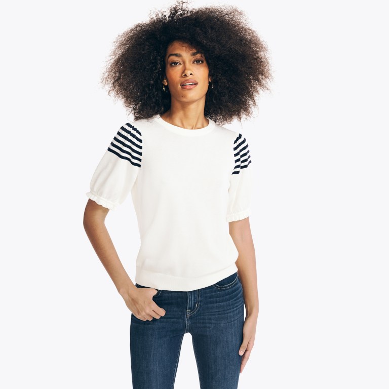 Nautica Sustainably Crafted Stripe-sleeve Ruffle Blancas | uKv62e3P