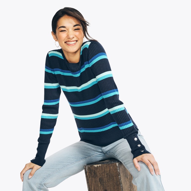 Nautica Sustainably Crafted Striped Rib-knit Crewneck Azules | 4bixE4eM