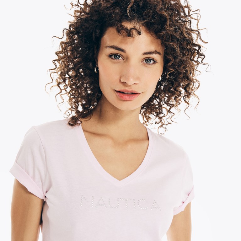 Nautica Studded Logo V-neck Rosas | twZxOmid